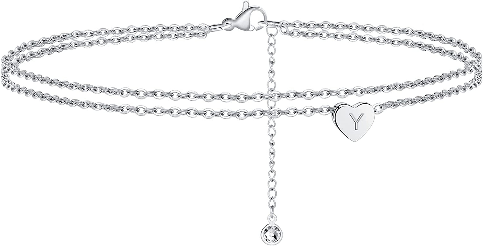 Turandoss Silver Heart Initial Ankle Bracelets for Women, 14K White Gold Filled Handmade Dainty Layered Silver Anklet Letter Initial Heart Ankle Bracelets for Women Silver Summer Foot Beach Jewelry Apparel & Accessories > Jewelry > Anklets Turandoss Y  