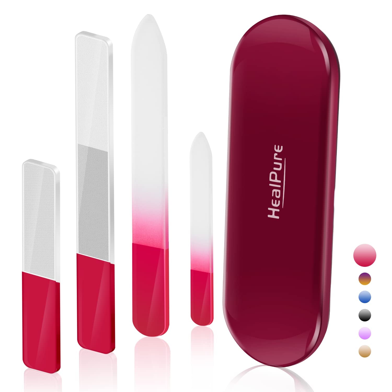 Glass Nail File and Nail Shiner, 4PC Crystal Nail File and Nano Glass Nail Buffer, Premium Set with Case, Professional Manicure Tool Fingernail Czech File for Natural Nail, Gift for Women and Girls Health & Beauty > Personal Care > Cosmetics > Cosmetic Tools > Nail Tools HealPure Red  