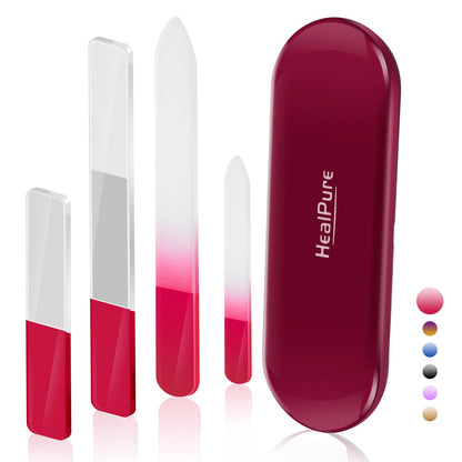 Glass Nail File and Nail Shiner, 4PC Crystal Nail File and Nano Glass Nail Buffer, Premium Set with Case, Professional Manicure Tool Fingernail Czech File for Natural Nail, Gift for Women and Girls Health & Beauty > Personal Care > Cosmetics > Cosmetic Tools > Nail Tools HealPure Red  