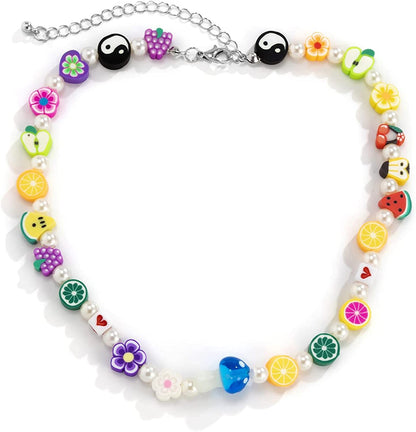 Boho Smiley Layered Beaded Necklaces with Strand Bracelet, Smile Face Star Fruits Flowers Heart Shape Beads Pearl Stackable Collar Necklace Anklet for Women Girls Vsco Summer Beach Trip Apparel & Accessories > Jewelry > Anklets Bincon I Blue mushroom  