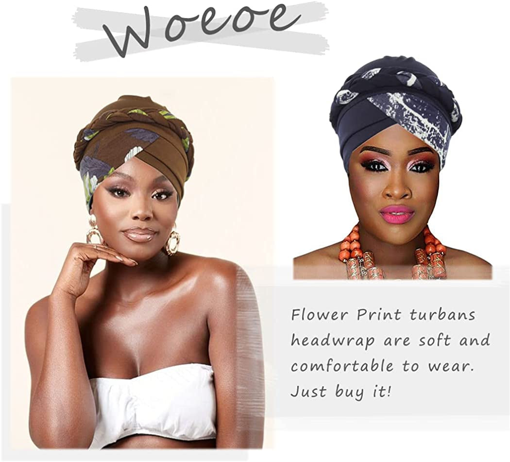 Woeoe African Turban Head Wraps Brown Pattern Head Scarf Pre-Tied Flower Print Head Cover Cap Headwear for Women and Girls(Pack of 2) Apparel & Accessories > Clothing Accessories > Headwear Woeoe   