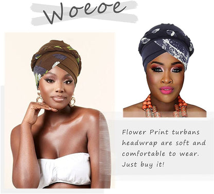 Woeoe African Turban Head Wraps Brown Pattern Head Scarf Pre-Tied Flower Print Head Cover Cap Headwear for Women and Girls(Pack of 2) Apparel & Accessories > Clothing Accessories > Headwear Woeoe   