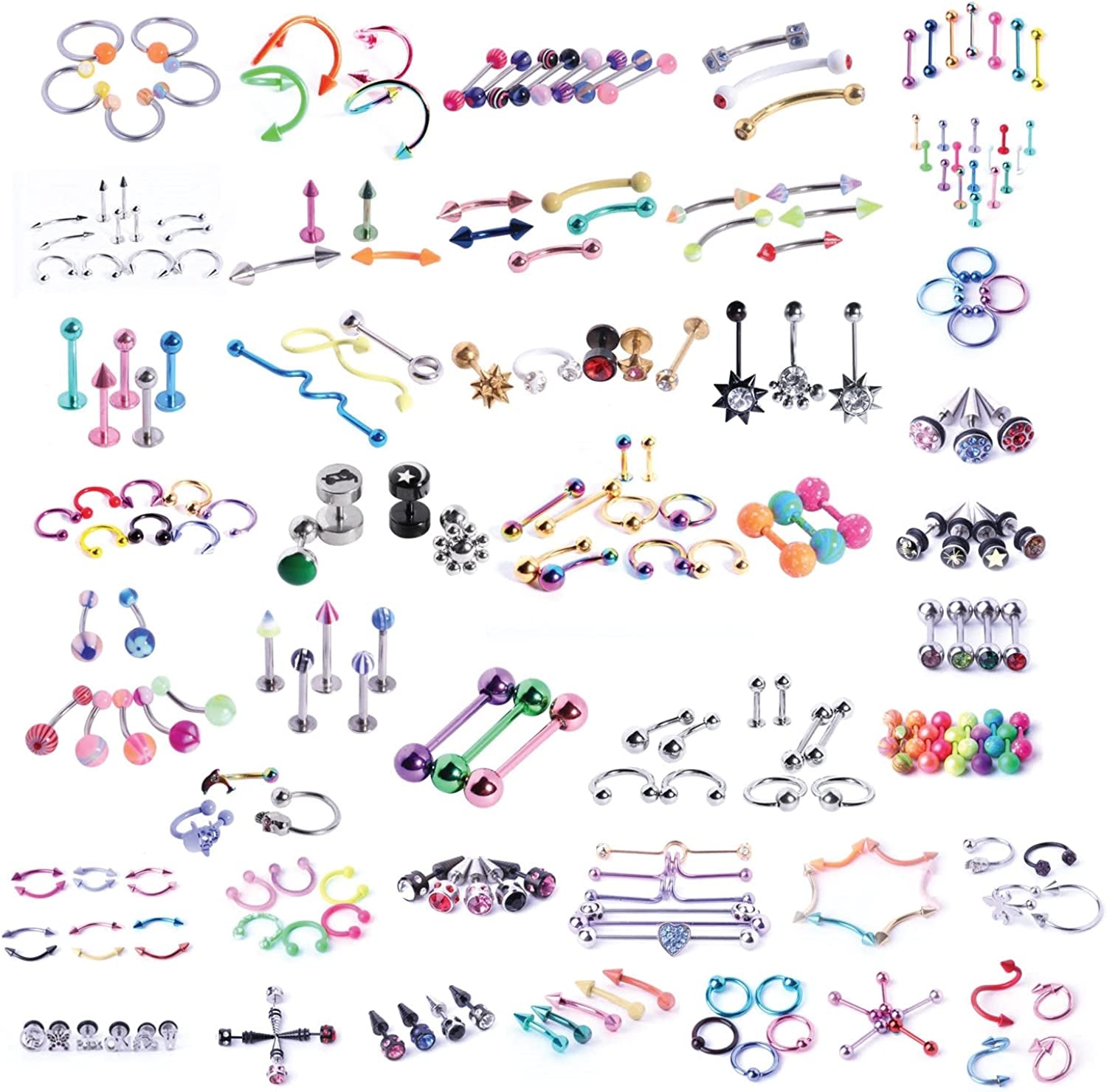 Bodyj4You 120PC Body Piercing Jewelry Kit | CBR BCR Rings Barbells Studs Screws Curved Bars | Belly Button Cartilage Tragus Nose Septum Tongue | 14G 16G 18G 20G Stainless Steel Random Bulk Set Apparel & Accessories > Jewelry > Body Jewelry BodyJ4You 120PC Random Jewelry  