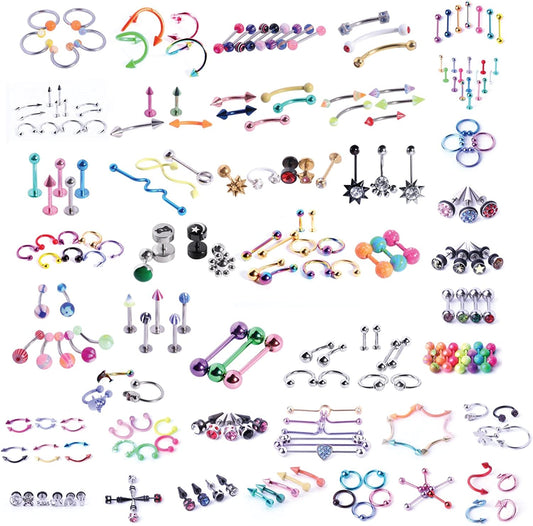 Bodyj4You 120PC Body Piercing Jewelry Kit | CBR BCR Rings Barbells Studs Screws Curved Bars | Belly Button Cartilage Tragus Nose Septum Tongue | 14G 16G 18G 20G Stainless Steel Random Bulk Set Apparel & Accessories > Jewelry > Body Jewelry BodyJ4You 120PC Random Jewelry  