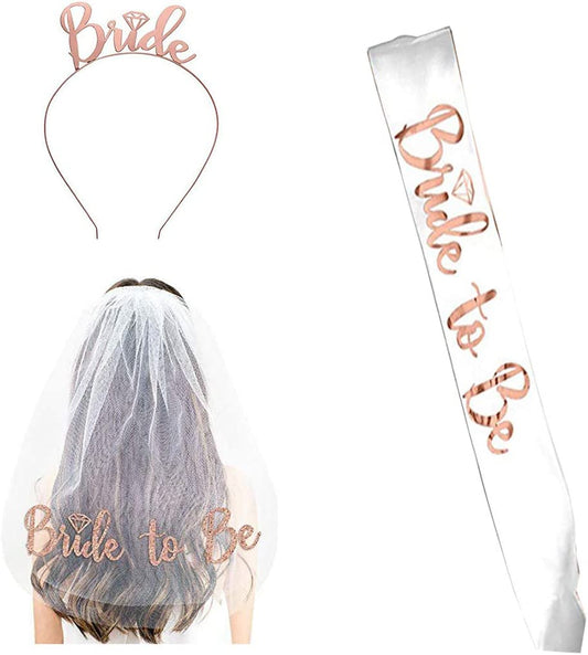 Bride to Be Set, 3Pack Bride to Be Sash & Headband Tiara & Shoulder Length Veil Bachelorette Party Supplies Bridal Shower Decoration Accessories Apparel & Accessories > Clothing Accessories > Sashes Delphinus   