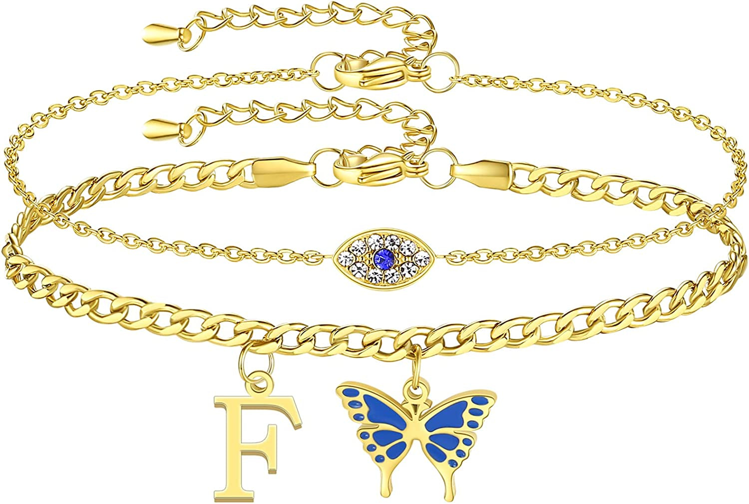 SAM & LORI 2 Pcs Anklets Set 18K Gold Plated Dainty Layered Personalized Initial Anklets Bracelets - Blue Butterfly - Sparkling CZ Evil Eye - Adjustable Summer Jewelry for Women Teen Girls Apparel & Accessories > Jewelry > Anklets SAM & LORI "Butterfly Evil Eye - F  