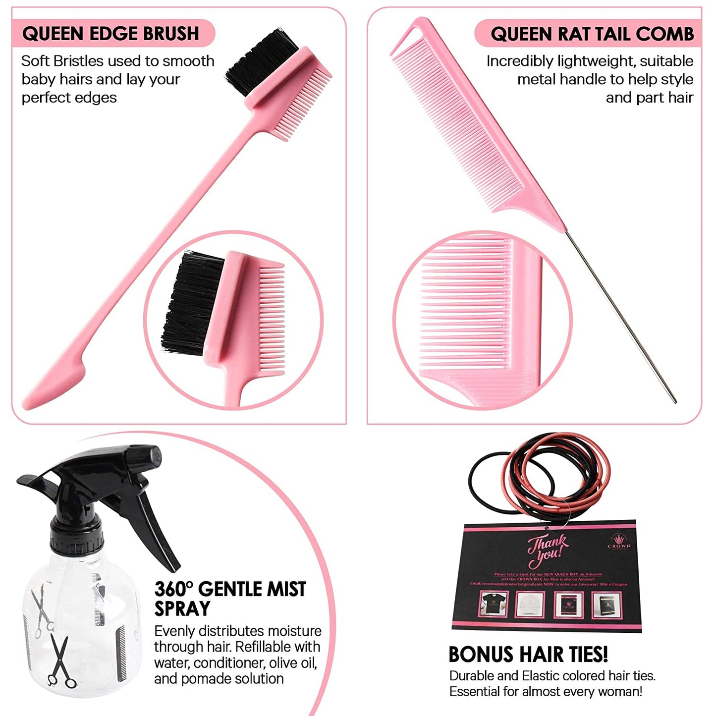 Queen Box Deluxe Womens -7 in 1 Hair Care Kit: Detangler Brush, Bonnet, Rat Tail Comb, Silky Scarf, Spray Bottle and BONUS Hair Ties. for Afro Curly & Straight Hair Health & Beauty > Personal Care > Hair Care Crown Quality   