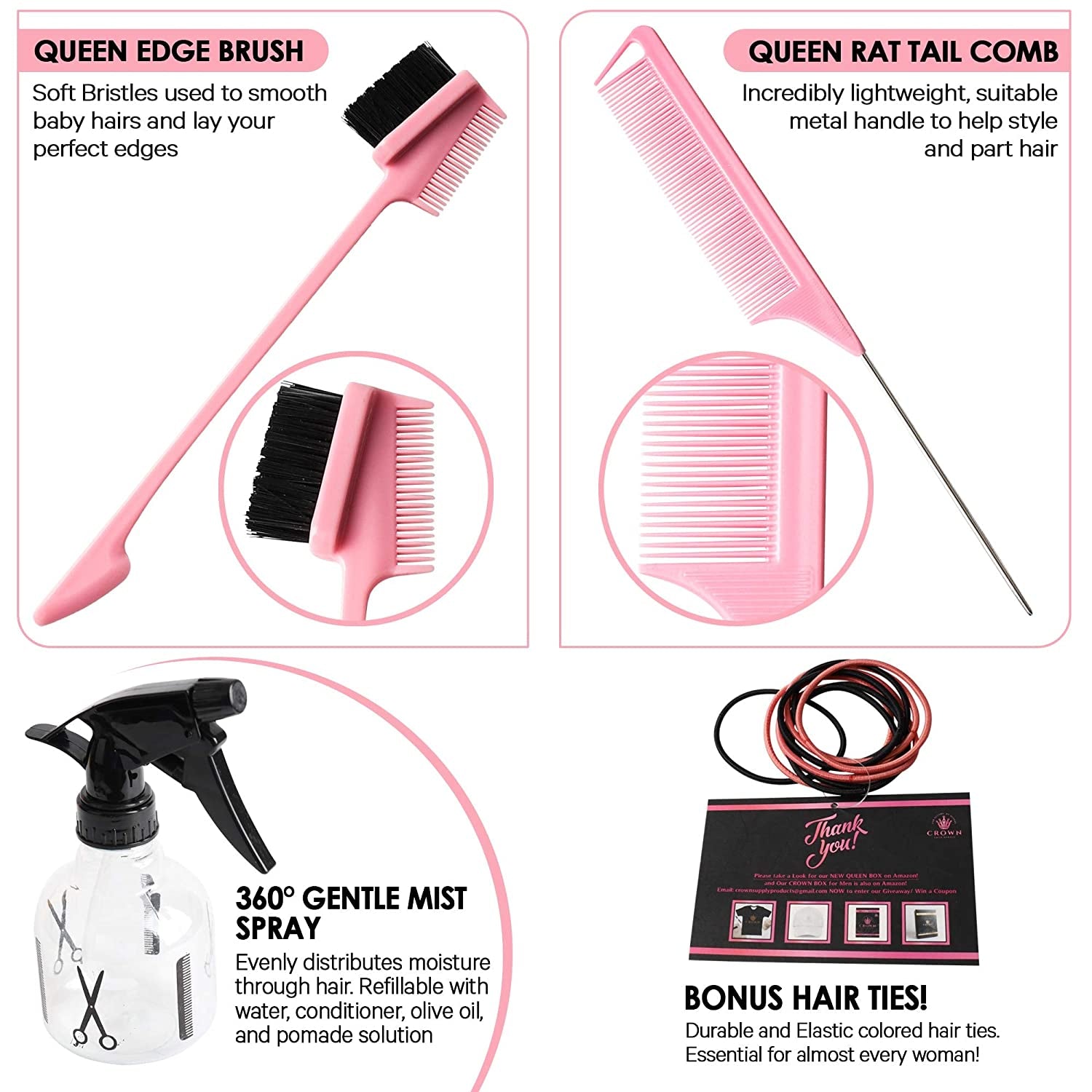 Queen Box Deluxe Womens -7 in 1 Hair Care Kit: Detangler Brush, Bonnet, Rat Tail Comb, Silky Scarf, Spray Bottle and BONUS Hair Ties. for Afro Curly & Straight Hair Health & Beauty > Personal Care > Hair Care Crown Quality   