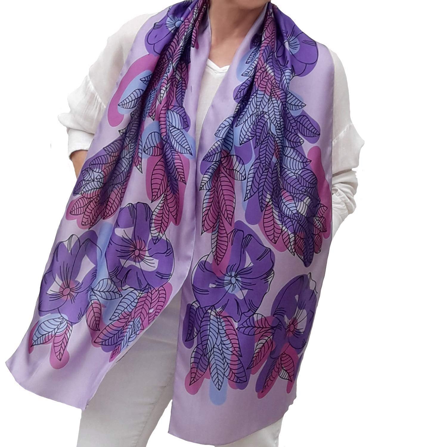 Artistic Hand Painted Long Silk Scarf for Women Fashion Boho Wrap Floral Patterns Trendy Purple Pink Neck Scarfs Unique Designer Shawl Womens Birthday Gift Mother Day Gift Handmade Gifts for Her Apparel & Accessories > Clothing Accessories > Scarves & Shawls Generic   