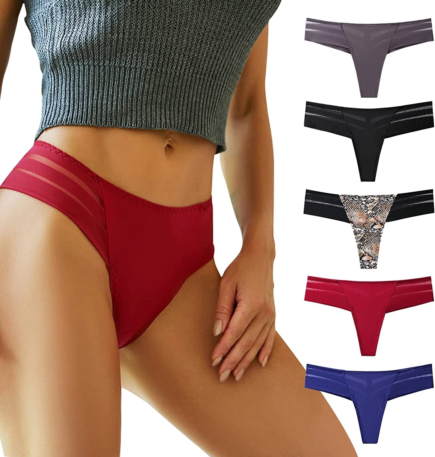 Chahoo Womens Thong Underwear, Sexy Low Rise Panties Seamless G-String T Back Lace Thongs, 5-Pack No Show Thongs for Women 5pack-b / X-Small