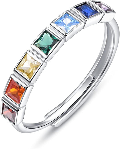 Chakra Rings for Women Sterling Silver Lotus Flower Hamsa Adjustable Ring Healing Crystals Jewelry Christmas Gifts for Mom Daughter Yoga Lover 6#-8# 7 Chakra / Adjustable