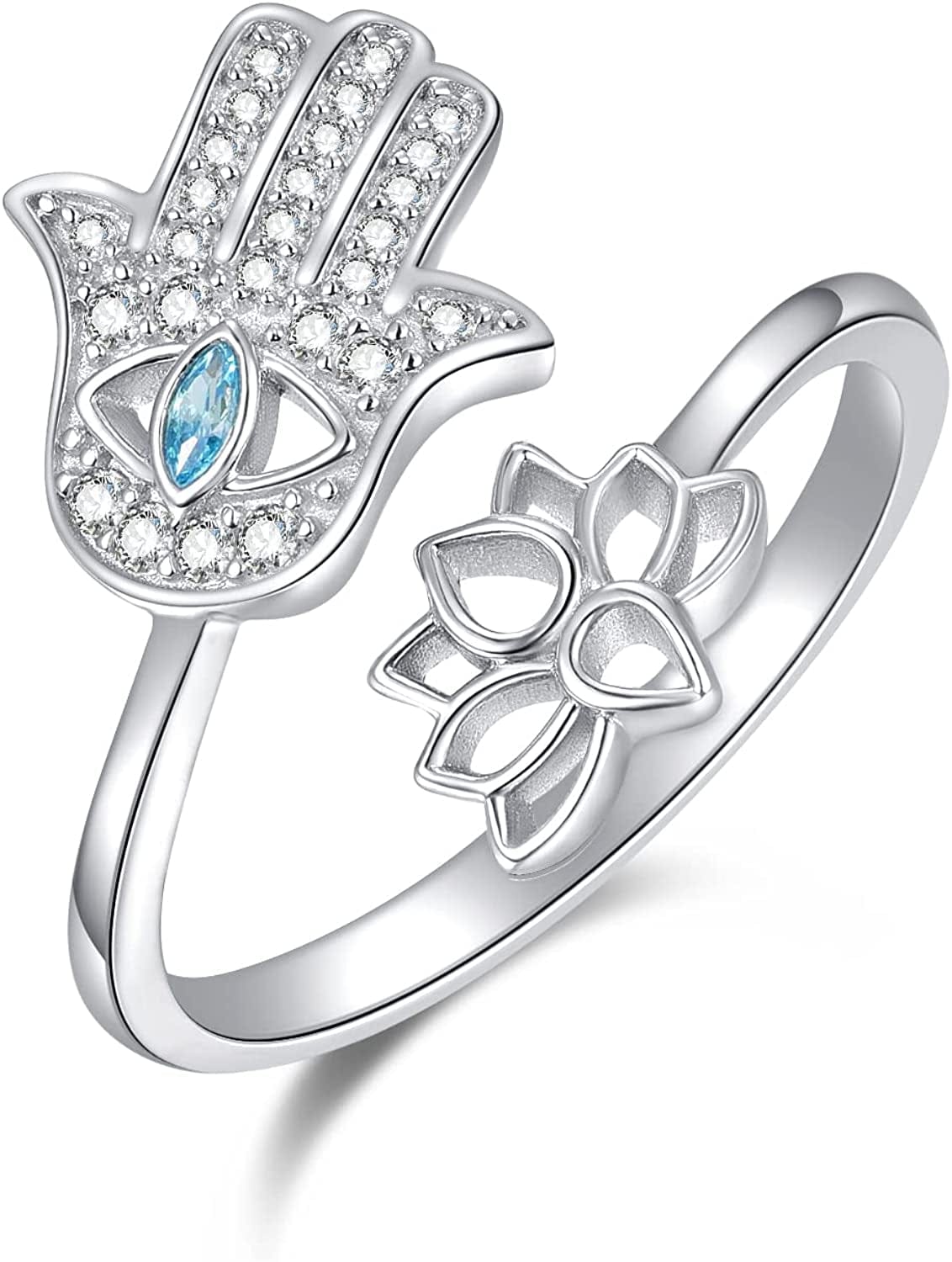 Chakra Rings for Women Sterling Silver Lotus Flower Hamsa Adjustable Ring Healing Crystals Jewelry Christmas Gifts for Mom Daughter Yoga Lover 6#-8# Hamsa & Lotus / Adjustable