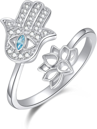 Chakra Rings for Women Sterling Silver Lotus Flower Hamsa Adjustable Ring Healing Crystals Jewelry Christmas Gifts for Mom Daughter Yoga Lover 6#-8# Hamsa & Lotus / Adjustable