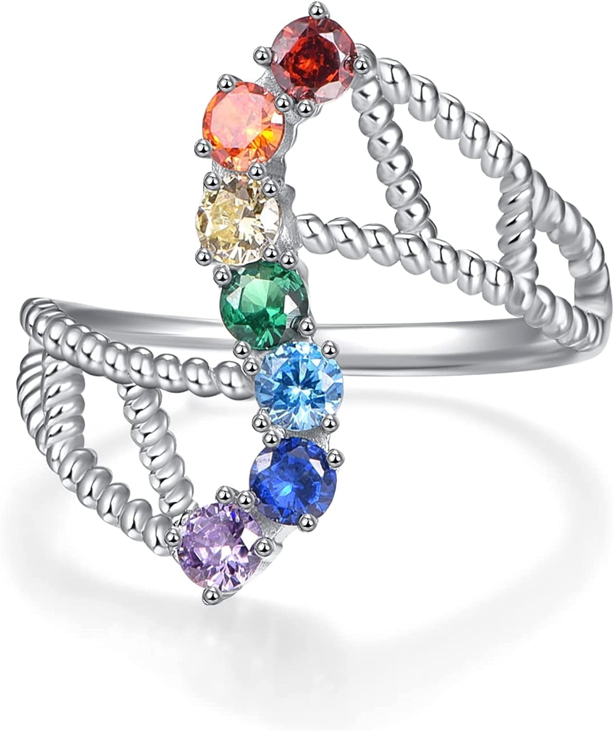 Chakra Rings for Women Sterling Silver Lotus Flower Hamsa Adjustable Ring Healing Crystals Jewelry Christmas Gifts for Mom Daughter Yoga Lover 6#-8# 7 Chakra Ring / 8