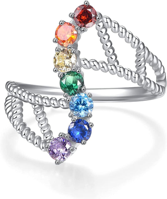 Chakra Rings for Women Sterling Silver Lotus Flower Hamsa Adjustable Ring Healing Crystals Jewelry Christmas Gifts for Mom Daughter Yoga Lover 6#-8# 7 Chakra Ring / 8