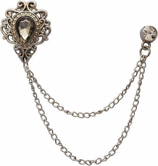 Champagne Stone with Silver Engraving Metal Crystal Chain Brooch/Collar Pin/Lapel Pins for Men