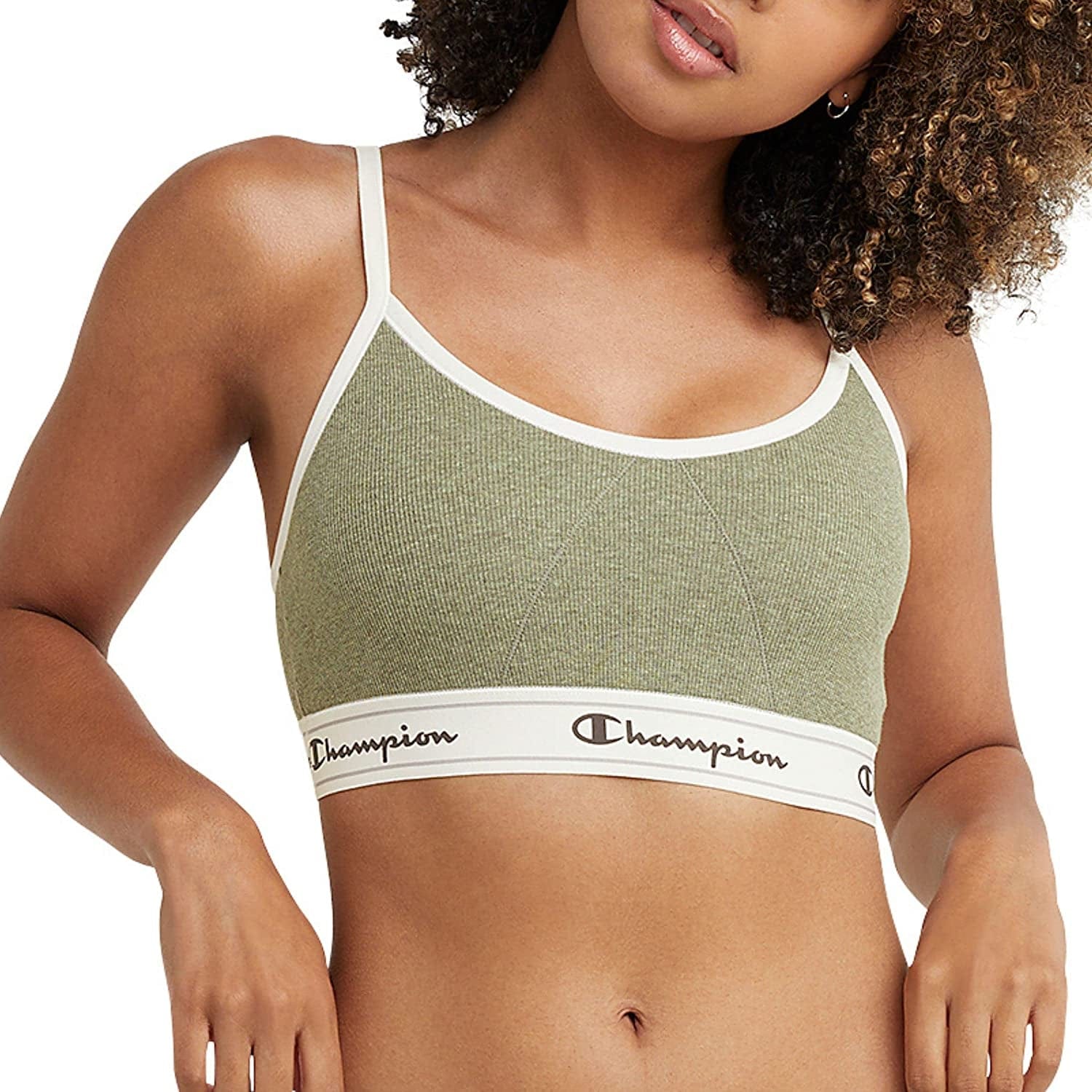 Champion Womens Bralette, Heritage Bralette for Women, Moisture-Wicking, Cotton Stretch Cargo Olive Heather / Medium