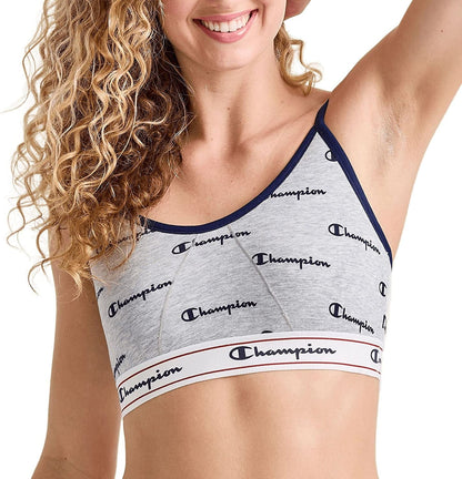 Champion Womens Bralette, Heritage Bralette for Women, Moisture-Wicking, Cotton Stretch Navy Logo Oxford Print / Large