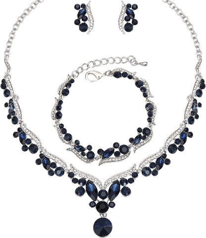 Chaoyite Elegant Austrian Crystal Bridal Choker Necklace Earring Link Bracelet Sets Wedding Prom Costume Jewelry for Bride Bridesmaid Women navy blue-platinum tone