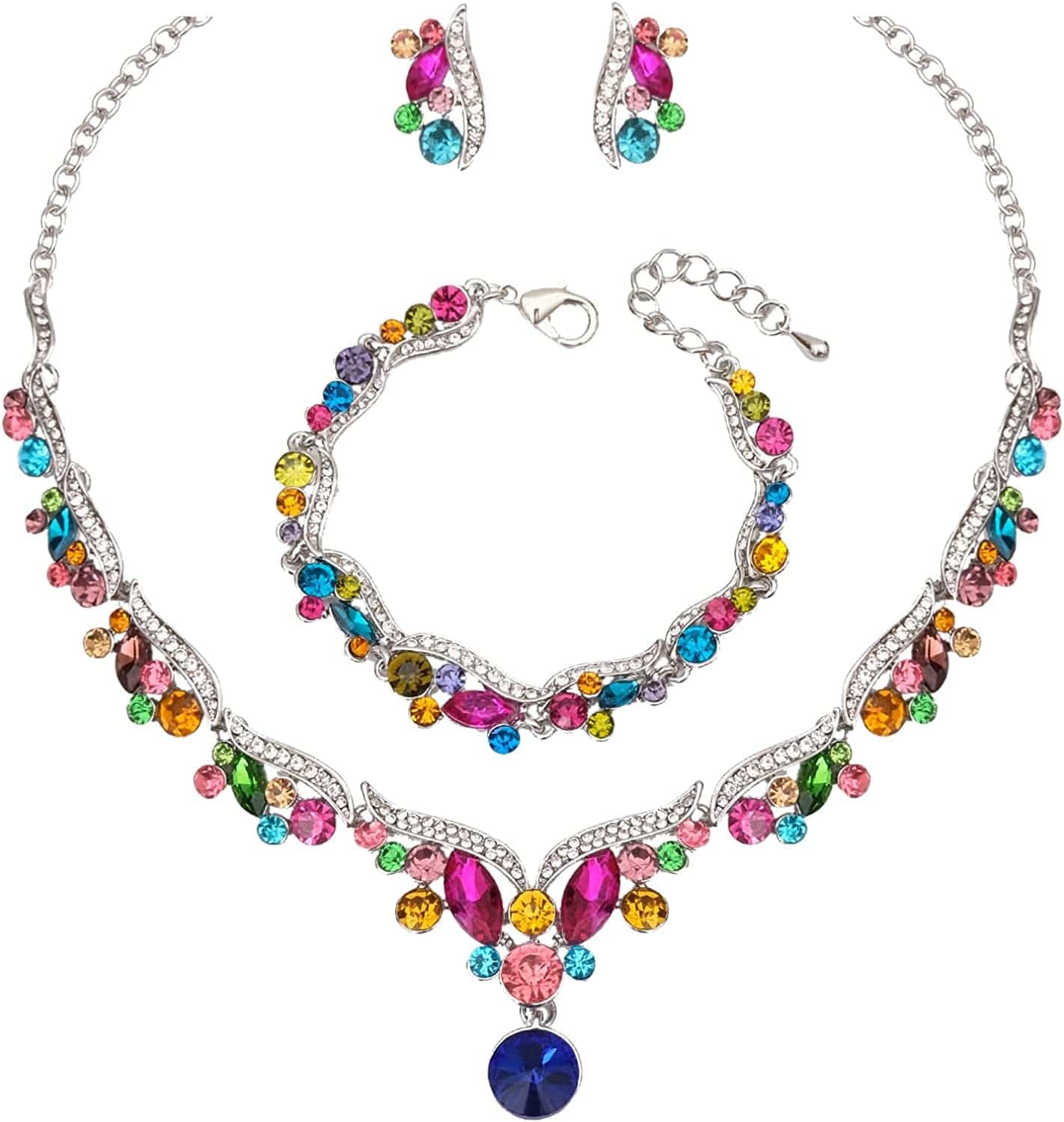 Chaoyite Elegant Austrian Crystal Bridal Choker Necklace Earring Link Bracelet Sets Wedding Prom Costume Jewelry for Bride Bridesmaid Women multicolor - gold tone