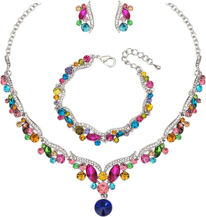 Chaoyite Elegant Austrian Crystal Bridal Choker Necklace Earring Link Bracelet Sets Wedding Prom Costume Jewelry for Bride Bridesmaid Women multicolor - gold tone