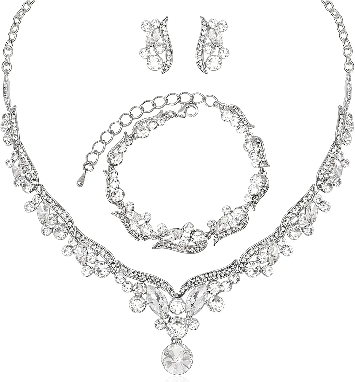 Chaoyite Elegant Austrian Crystal Bridal Choker Necklace Earring Link Bracelet Sets Wedding Prom Costume Jewelry for Bride Bridesmaid Women White-Silver Tone