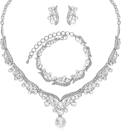Chaoyite Elegant Austrian Crystal Bridal Choker Necklace Earring Link Bracelet Sets Wedding Prom Costume Jewelry for Bride Bridesmaid Women White-Silver Tone