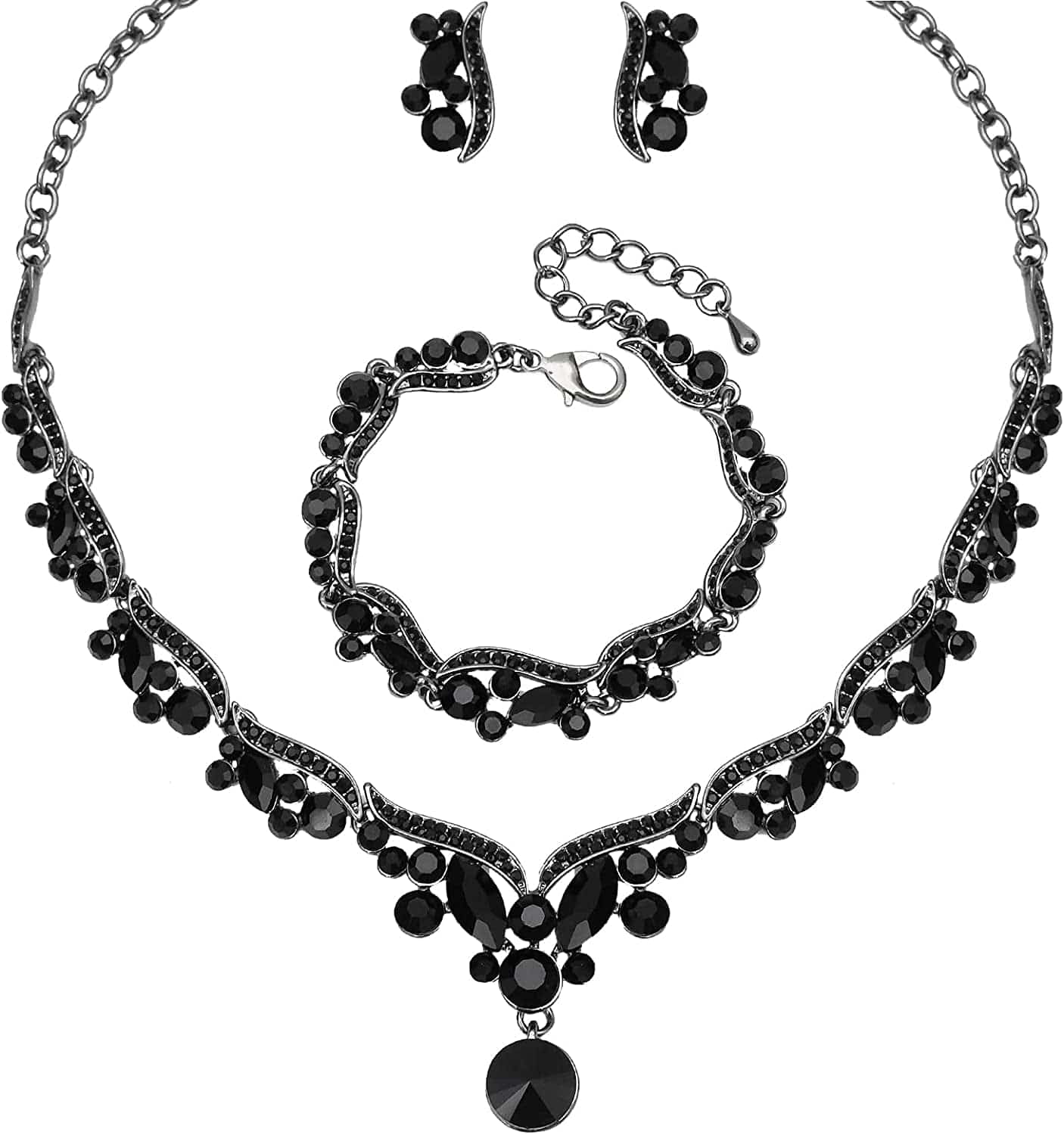 Chaoyite Elegant Austrian Crystal Bridal Choker Necklace Earring Link Bracelet Sets Wedding Prom Costume Jewelry for Bride Bridesmaid Women black crystal