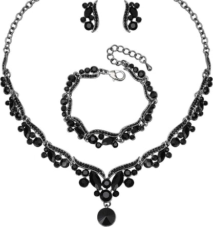 Chaoyite Elegant Austrian Crystal Bridal Choker Necklace Earring Link Bracelet Sets Wedding Prom Costume Jewelry for Bride Bridesmaid Women black crystal