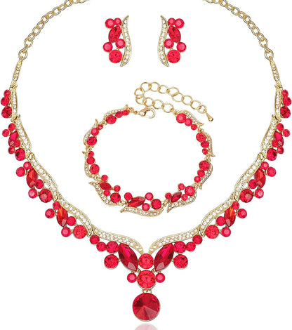Chaoyite Elegant Austrian Crystal Bridal Choker Necklace Earring Link Bracelet Sets Wedding Prom Costume Jewelry for Bride Bridesmaid Women Red