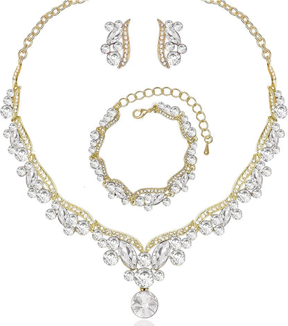 Chaoyite Elegant Austrian Crystal Bridal Choker Necklace Earring Link Bracelet Sets Wedding Prom Costume Jewelry for Bride Bridesmaid Women White-Gold Tone