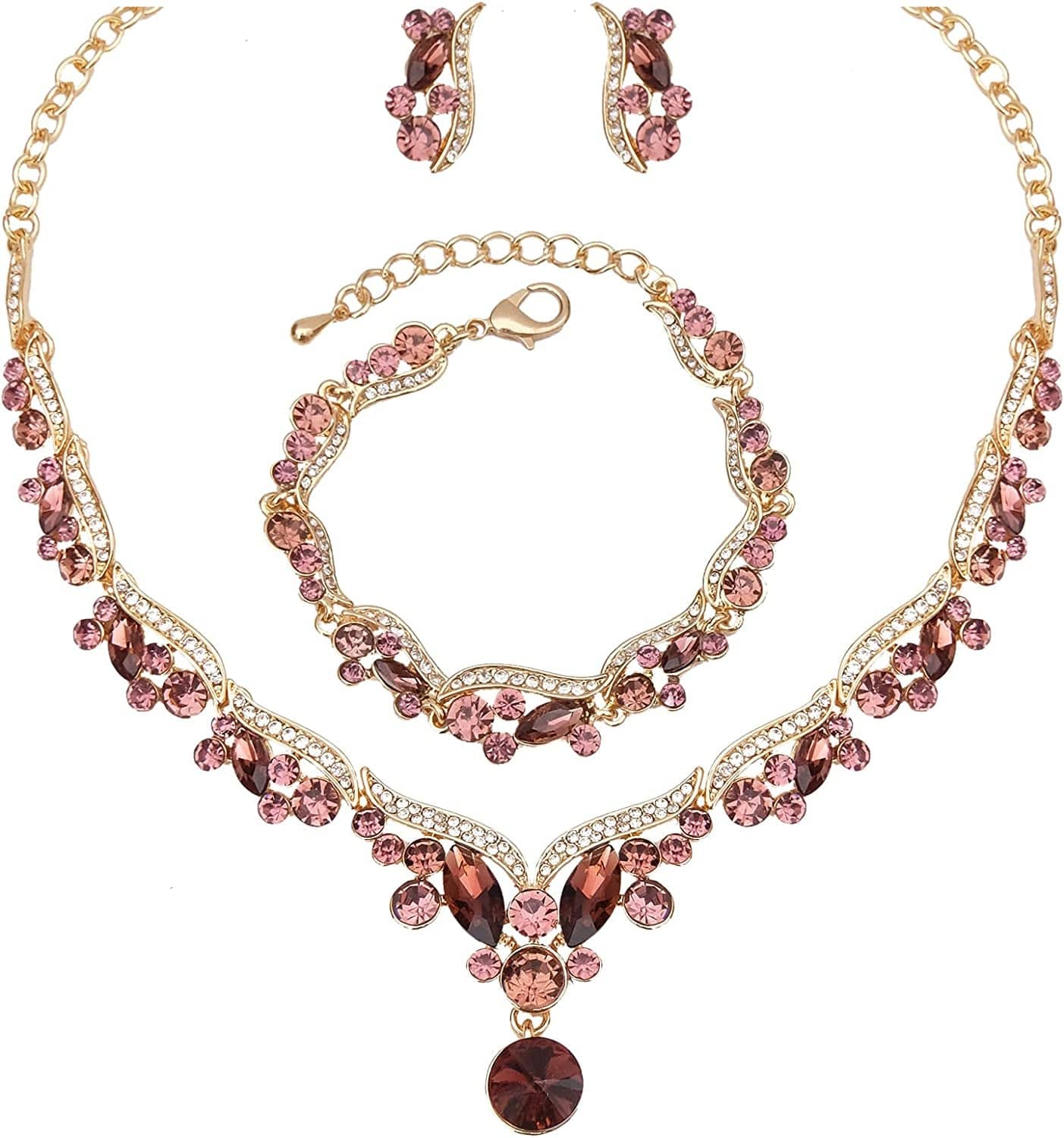 Chaoyite Elegant Austrian Crystal Bridal Choker Necklace Earring Link Bracelet Sets Wedding Prom Costume Jewelry for Bride Bridesmaid Women purple crystal - gold tone
