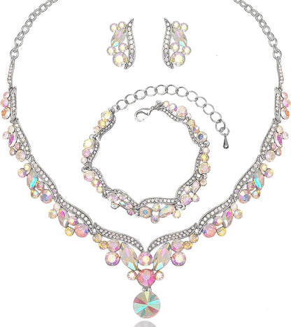 Chaoyite Elegant Austrian Crystal Bridal Choker Necklace Earring Link Bracelet Sets Wedding Prom Costume Jewelry for Bride Bridesmaid Women AB Crystal