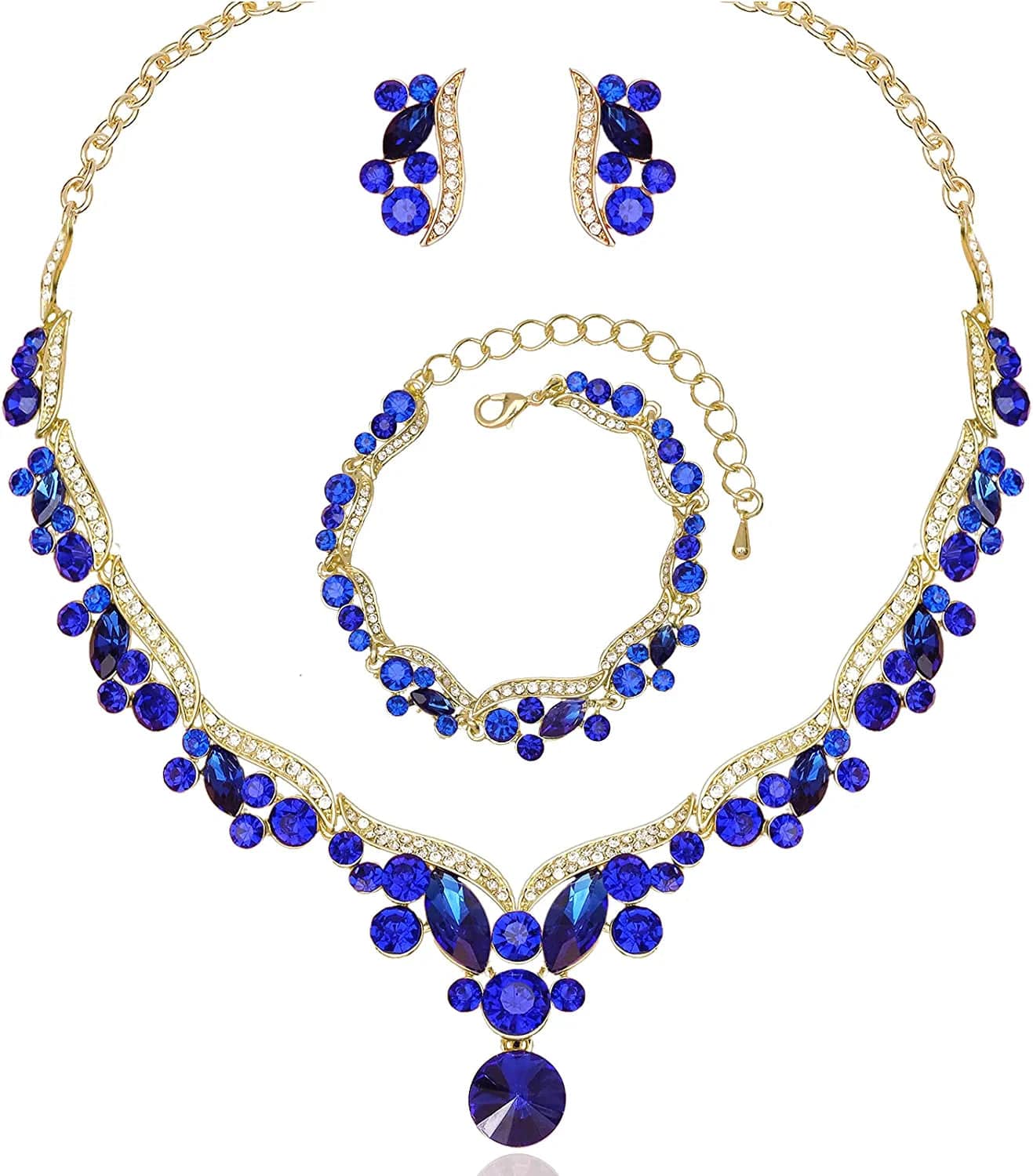 Chaoyite Elegant Austrian Crystal Bridal Choker Necklace Earring Link Bracelet Sets Wedding Prom Costume Jewelry for Bride Bridesmaid Women Royal Blue