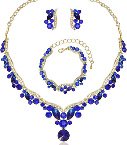 Chaoyite Elegant Austrian Crystal Bridal Choker Necklace Earring Link Bracelet Sets Wedding Prom Costume Jewelry for Bride Bridesmaid Women Royal Blue