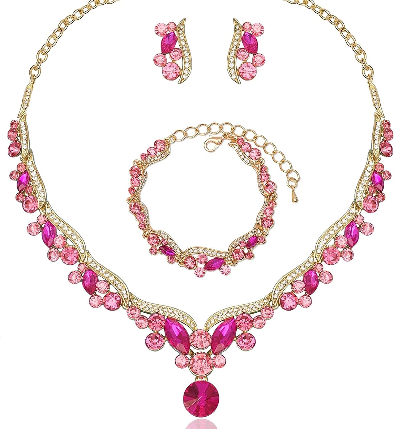 Chaoyite Elegant Austrian Crystal Bridal Choker Necklace Earring Link Bracelet Sets Wedding Prom Costume Jewelry for Bride Bridesmaid Women Hot pink