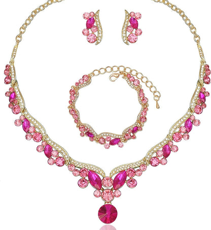 Chaoyite Elegant Austrian Crystal Bridal Choker Necklace Earring Link Bracelet Sets Wedding Prom Costume Jewelry for Bride Bridesmaid Women Hot pink