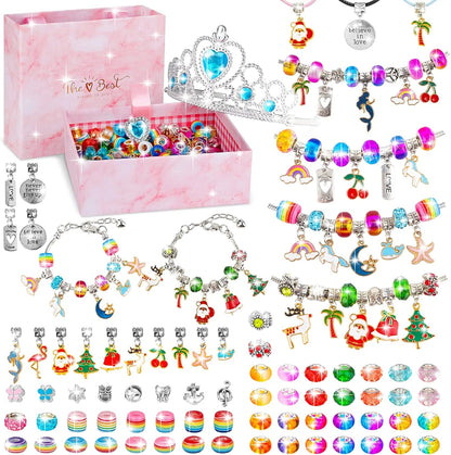 Charm Bracelet Making Kit for Girls, 92Pcs DIY Jewelry Making Kit Including Beads,Pendant Charms, Crown, Necklace String for Bracelets Craft & Necklace Making, Jewelry Crafts Gifts Set for Teen Girls Light Multicolor