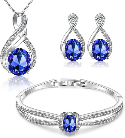 Charming Nobile Crystal Jewelry Sets with Sapphire Blue Necklace 18K White Gold Bracelet Earrings for Women Sapphire Blue