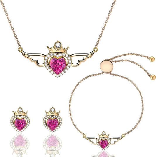 Charming Nobile Crystal Jewelry Sets with Sapphire Blue Necklace 18K White Gold Bracelet Earrings for Women Guardian Angel (Pink)