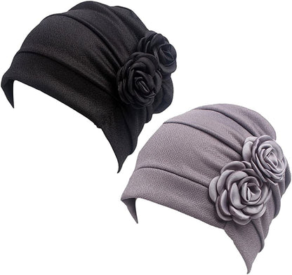 Chemo Caps Headwear for Women Turbans Beanies Flowers Hats Headwrap for Cancer Patient Hair Loss Black+gray
