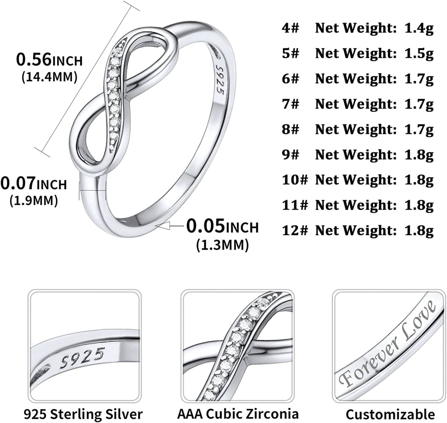 Chicsilver Personalized 925 Sterling Silver Ring Simple Infinity Knot Rings Custom Engraved Eternity Wedding Band Promise Rings Size 4-12