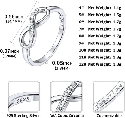 Chicsilver Personalized 925 Sterling Silver Ring Simple Infinity Knot Rings Custom Engraved Eternity Wedding Band Promise Rings Size 4-12