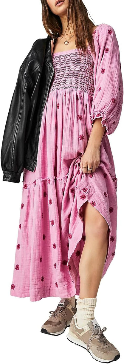 Chloefairy Fashion Women'S 3D Floral Embroidered Maxi Dress Puff Sleeve Square Neck Tiered Flowy A-Line Dress Pink / Small