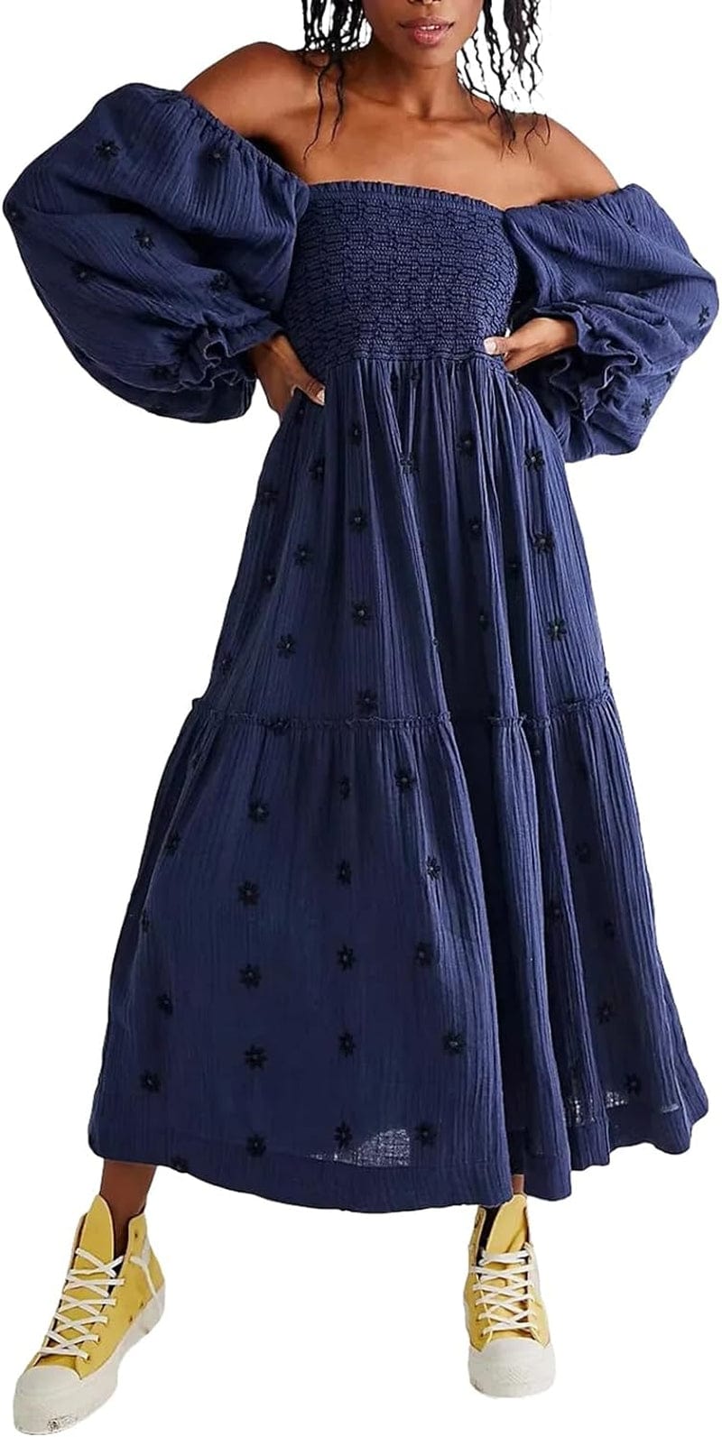 Chloefairy Fashion Women'S 3D Floral Embroidered Maxi Dress Puff Sleeve Square Neck Tiered Flowy A-Line Dress Navy Blue / Medium