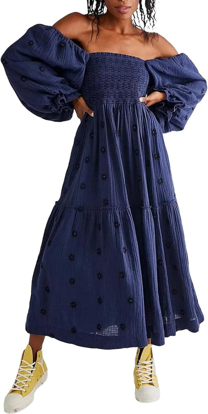Chloefairy Fashion Women'S 3D Floral Embroidered Maxi Dress Puff Sleeve Square Neck Tiered Flowy A-Line Dress Navy Blue / Medium