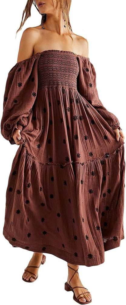 Chloefairy Fashion Women'S 3D Floral Embroidered Maxi Dress Puff Sleeve Square Neck Tiered Flowy A-Line Dress Coffee / Small
