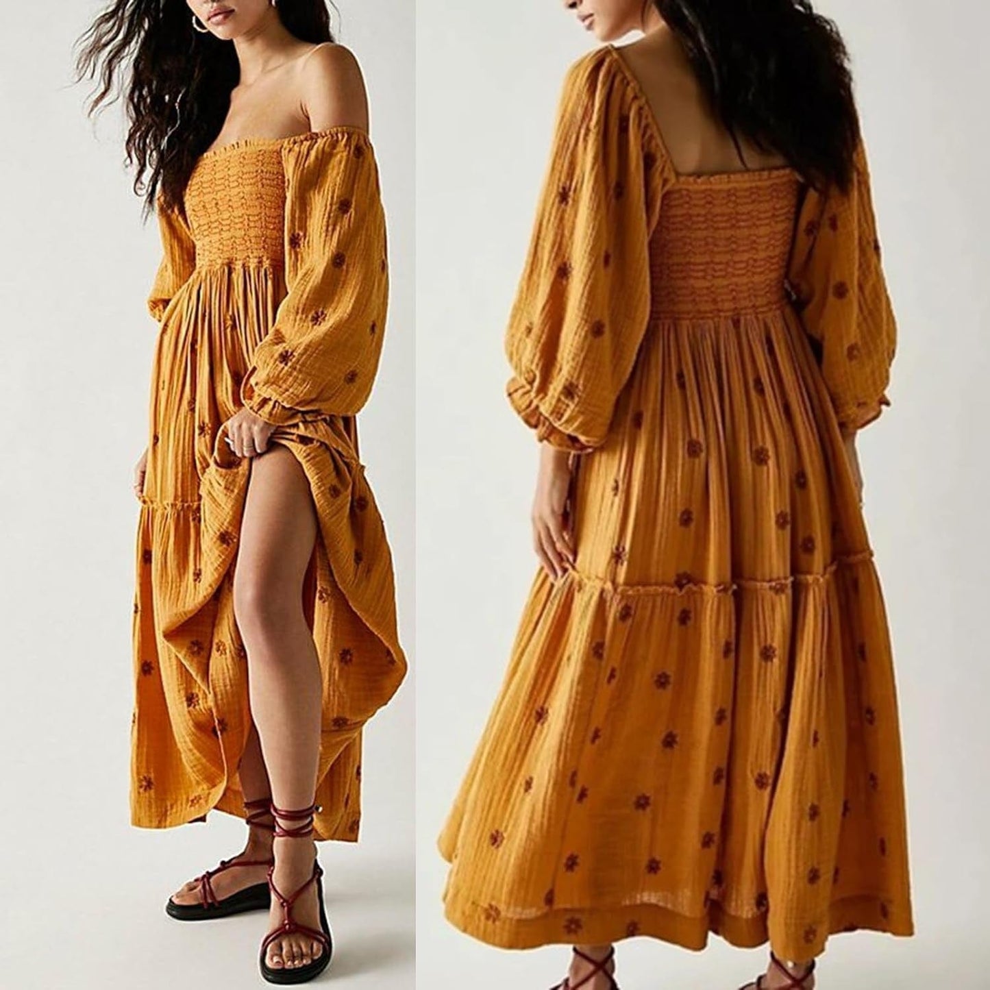 Chloefairy Fashion Women'S 3D Floral Embroidered Maxi Dress Puff Sleeve Square Neck Tiered Flowy A-Line Dress