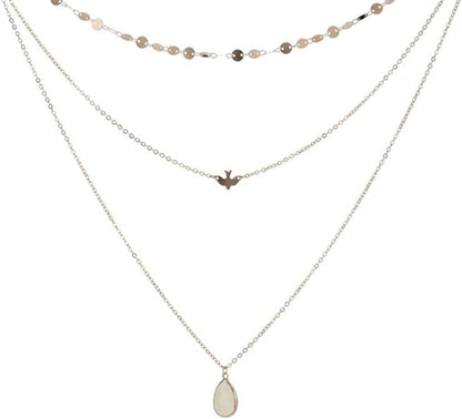 Chmier Bohemia Layered Choker Necklace Disc Choker Dove Necklace Gemstone Necklace Pigeon Gem Charm Pendant Necklace Peace Jewelry for Women and Girls Gold