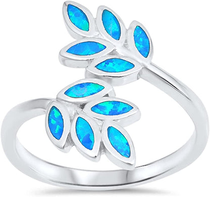CHOOSE YOUR COLOR Sterling Silver Leaf Ring Blue (Simulated Opal) / 7